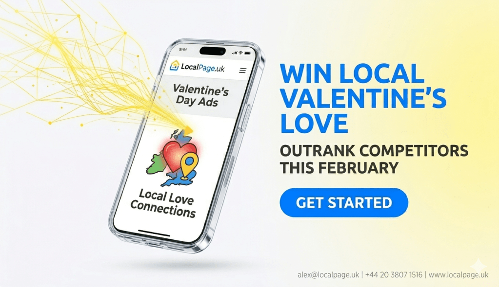Social image showing Valentines Day advertising with glowing yellow growth arrow heart icon and green‑blue CTA button