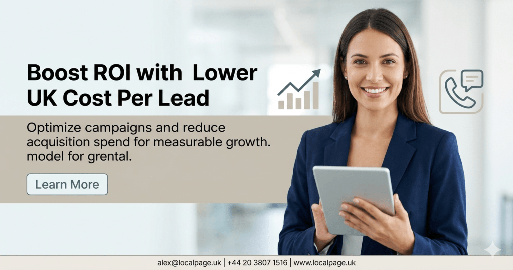 Professional woman smiling in modern UK office, representing reliable cost per lead benchmarks that boost business growth.